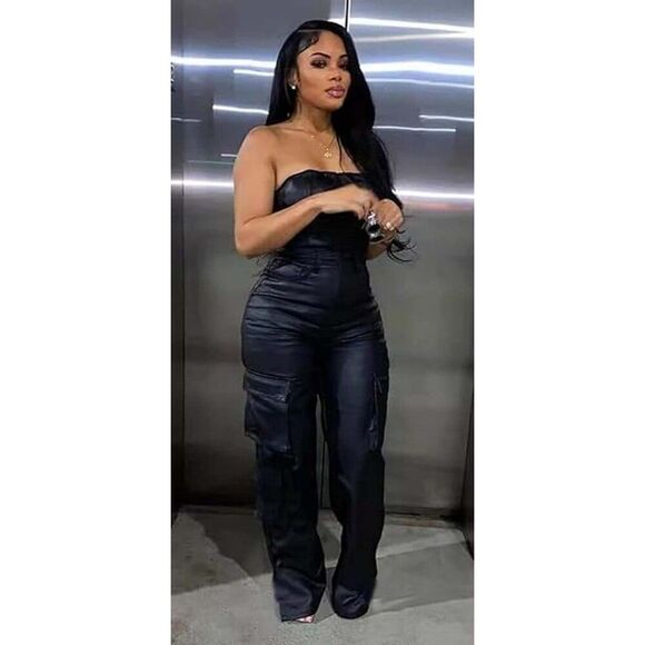 SEXY Black Faux Leather Look Casual Jumpsuit Jumper Romper Size XL - Picture 2 of 7